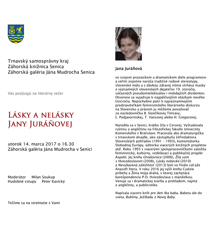 Pozvánka na literárny večer Jany Juráňovej - Lásky a nelásky