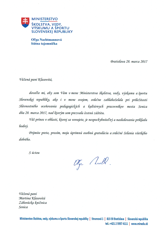 Ocenenie pre našu pracovníčku Martinu Klasovitú