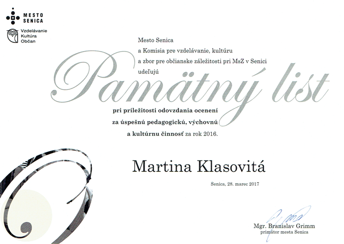 Ocenenie pre našu pracovníčku Martinu Klasovitú