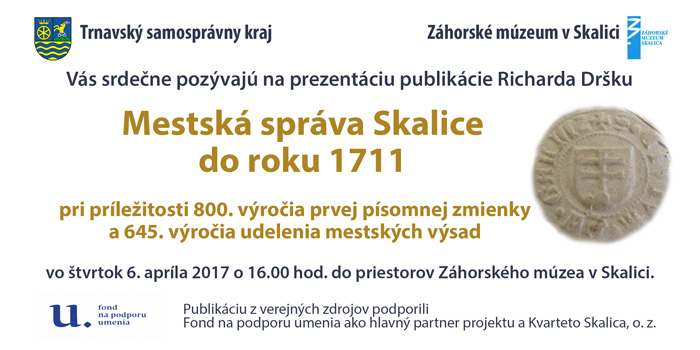 Pozvánka na prezentáciu publikácie Richarda Dršku Mestská správa Skalice do roku 1711
