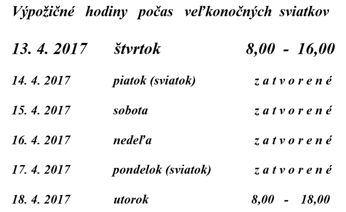 Výpožičné hodiny počas veľkonočných sviatkov