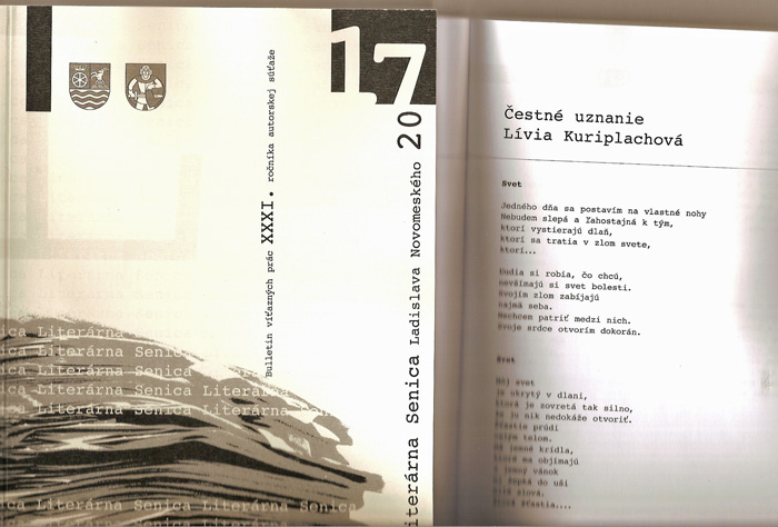 XXXI. Literárna Senica Ladislava Novomeského 2017 Lívia Kuriplachová z Mestiska - Čestné uznanie v  I. kategórii za poéziu